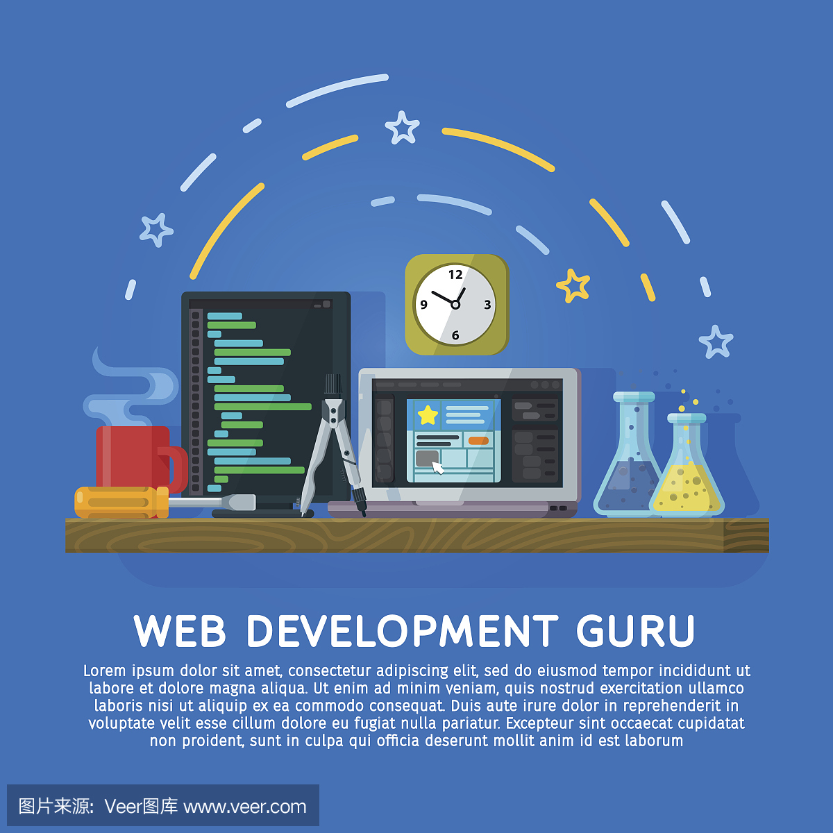 現代平面橫幅,網站元素。工作空間設計師和程序員